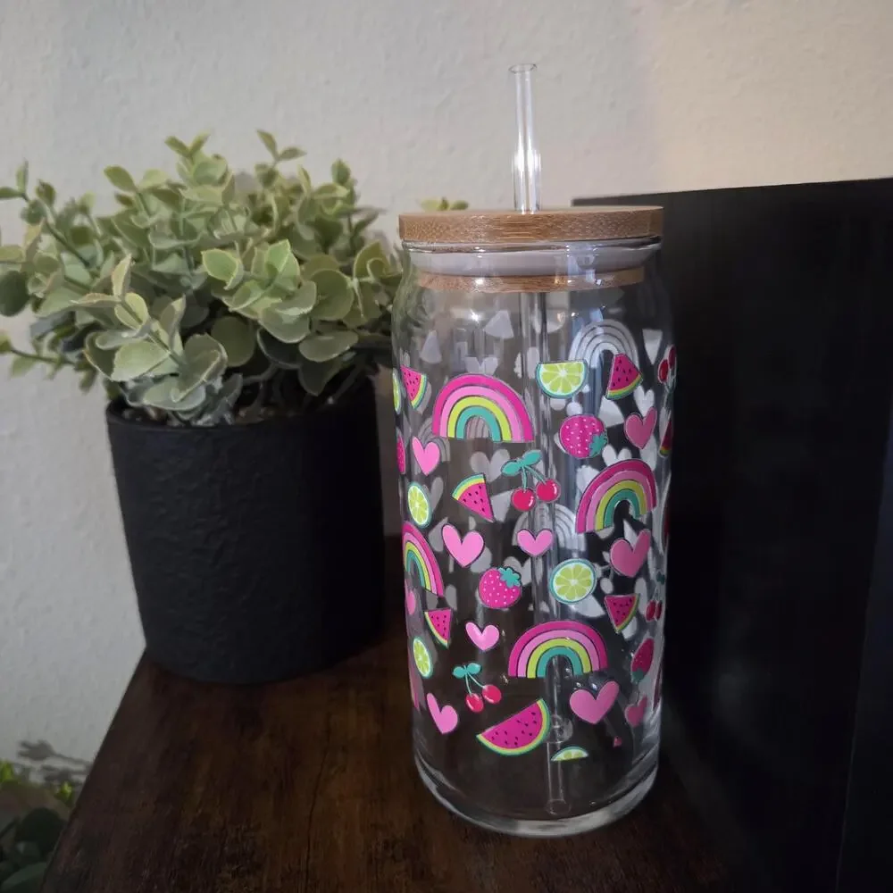 Summer Ritual Rainbow Fruit Iced Coffee Can Glass Tumbler 20oz, Glassware Bamboo